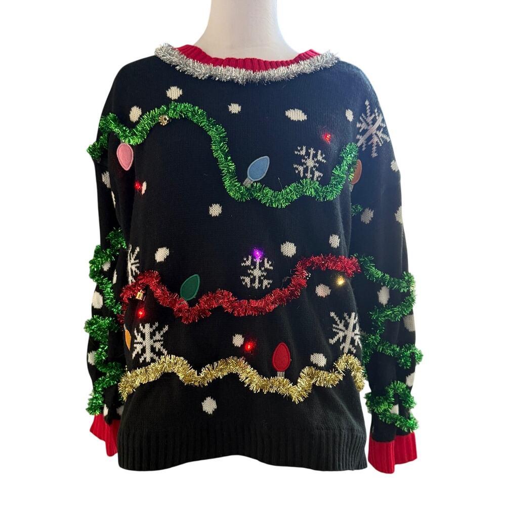Blizzard Bay XL Light Up Ugly Christmas Sweater Tinsel Garland Snowflake Novelty
